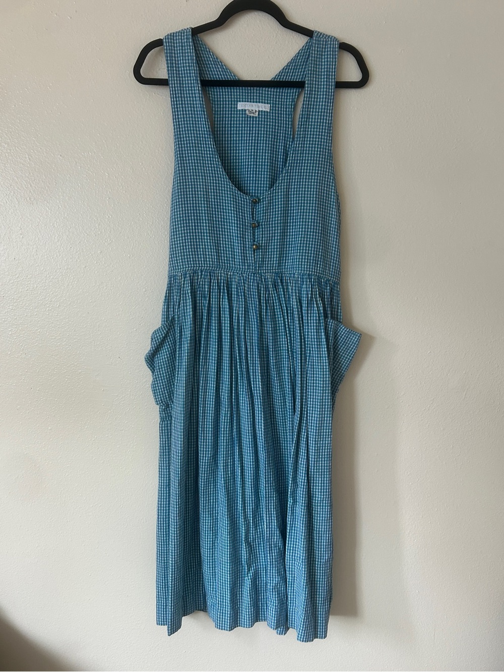 Vintage Tibetan Trader Blue Gingham Midi Dress with Button Front size Medium